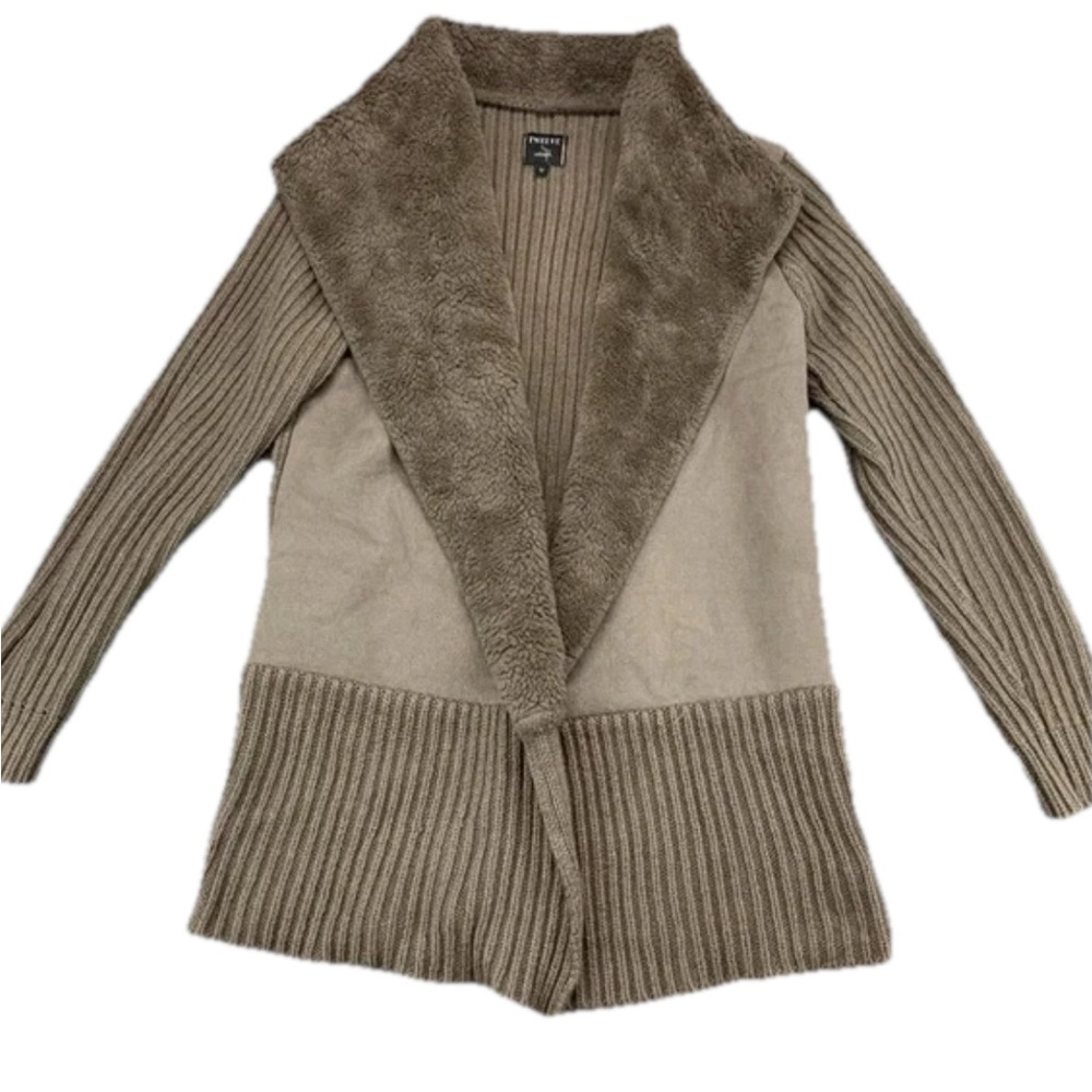 Twelve By Ontwelfth Chunky Ribbed Knit Open Front Cardigan Sweater Faux Fur - M